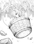  bucket child face greyscale hair_bobbles hair_ornament harusame_(unmei_no_ikasumi) in_bucket in_container kisume monochrome rock short_hair solo touhou twintails wooden_bucket 