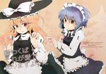  blonde_hair blue_eyes blue_hair braid hat izayoi_sakuya kirisame_marisa multiple_girls orange_eyes rai_(3stone) short_hair touhou twin_braids witch_hat 