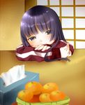  bad_id bad_pixiv_id black_eyes black_hair food fruit gokou_ruri long_hair mole mole_under_eye orange ore_no_imouto_ga_konna_ni_kawaii_wake_ga_nai reina_(polypropylene) solo tissue_box track_suit 