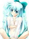  alternate_hair_length alternate_hairstyle blue_eyes blue_hair bottomless bow cirno hair_bow hair_ribbon highres indian_style long_hair naked_shirt navel ribbon shiromiza_kana shirt sitting sleeves_rolled_up solo touhou white_shirt wings 