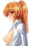  bad_id bad_pixiv_id blush breasts kirikiriderry long_hair lyrical_nanoha mahou_shoujo_lyrical_nanoha medium_breasts no_bra open_clothes orange_hair ponytail solo teana_lanster 