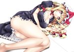  barefoot blonde_hair breasts cleavage foreshortening hat large_breasts legs long_hair long_legs lying on_side panties parted_lips purple_eyes red_eyes satou_samu solo thighs touhou underwear yakumo_yukari 