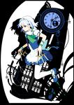  apron braid buttons clock cross earrings flat_color ideolo izayoi_sakuya jewelry knife legs maid maid_headdress red_eyes ribbon shadow short_hair solo thighhighs touhou twin_braids vest waist_apron white_hair white_legwear wrist_ribbon wristband 