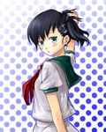  airis alternate_hairstyle black_hair blush green_eyes hair_grab looking_back murasa_minamitsu ponytail sailor sailor_collar short_hair short_sleeves solo touhou 