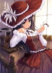  black_hair blue_eyes bow corded_phone dress frills hair_twirling hat lolita_fashion long_hair original phone rotary_phone solo tougarashi_hideyu window 