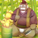  2016 anthro bamboo belly blush butt clothing duo fundoshi fur hat humanoid_hands japanese_clothing lako male mammal outside overweight overweight_male robe underwear ursid yellow_fur young 