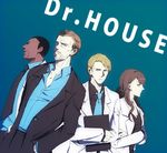  3boys allison_cameron bad_id bad_pixiv_id black_hair blonde_hair brown_eyes brown_hair eric_foreman facial_hair gregory_house house_m.d. jacket kanro_(nijiiro) labcoat long_hair messy_hair multiple_boys pale_skin robert_chase short_hair stubble 