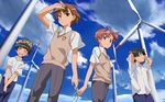  4boys black_hair blush brown_eyes brown_hair cloud eyes_closed genderswap head_wreath male_focus misaka_mikoto multiple_boys outdoors pixiv_thumbnail resized saten_ruiko school_uniform shirai_kuroko sky to_aru_kagaku_no_railgun to_aru_majutsu_no_index uiharu_kazari wind_turbine windmill 