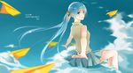  bad_id bad_pixiv_id blue_eyes blue_hair cloud hatsune_miku kebei long_hair looking_back paper_airplane sitting skirt sky solo twintails vocaloid 