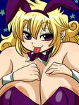  :p animal_ears areola_slip areolae blonde_hair breasts bunny_girl bunnysuit chunsoft cleavage dragon_quest dragon_quest_iii enix huge_breasts jester_(dq3) nipples plump purple_eyes sage_(dq3) smile tongue tongue_out 
