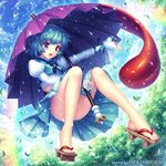  ahoge aqua_hair arm_ribbon blue_eyes convenient_leg feet flying geta heterochromia karakasa_obake leaf legs long_sleeves midriff open_mouth outstretched_arm purple_umbrella rainbow ribbon sandals sayori short_hair skirt sleeves_past_wrists smile solo tatara_kogasa toenails tongue touhou umbrella upskirt vest water_drop 