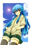  alternate_costume blue_hair casual contemporary hands_in_pockets hinanawi_tenshi long_hair oktbatch red_eyes shorts solo thighhighs touhou 