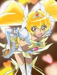  blonde_hair boots bow brown_background cure_sunshine downblouse elbow_gloves gloves haruyama_kazunori heart heartcatch_precure! instrument long_hair magical_girl midriff myoudouin_itsuki precure shiny_tambourine skirt solo super_silhouette_(heartcatch_precure!) tambourine thigh_boots thighhighs tiara twintails yellow yellow_bow yellow_eyes yellow_skirt 