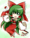  bad_id bad_pixiv_id bow chibi cosplay detached_sleeves front_ponytail gohei green_eyes green_hair hair_bow hair_tubes hakurei_reimu hakurei_reimu_(cosplay) highres kagiyama_hina long_hair midriff navel nosada one_eye_closed skirt solo touhou very_long_hair yin_yang 