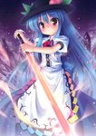  blue_hair food fruit hat hinanawi_tenshi long_hair peach red_eyes solo sword sword_of_hisou takeponi touhou weapon 