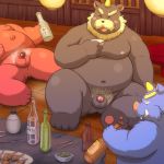  2016 anthro balls belly black_fur blue_fur blush drinks eyes_closed flaccid fur group horn humanoid_hands humanoid_penis lako male mammal navel overweight overweight_male penis red_fur sitting suid suina sus_(pig) tusks ursid wild_boar 