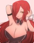  1girl arm_strap armpits arms_up artist_name breasts bunnysuit cleavage cross detached_collar hair_over_one_eye highres inverted_cross large_breasts long_hair looking_at_viewer omiza_somi parasoul_(skullgirls) red_hair skullgirls solo wrist_cuffs yellow_eyes 