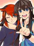  1girl artist_request blue_(pokemon) blue_eyes blue_nails brown_hair long_hair nail_polish pokemon pokemon_special red_hair silver_(pokemon) silver_eyes source_request tegaki v 