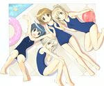  armpits ball barefoot beachball blonde_hair brown_eyes brown_hair competition_school_swimsuit feet flat_chest from_above green_eyes green_hair hidamari_sketch innertube kuuyuu legs lying miyako multiple_girls nazuna nori old_school_swimsuit on_back on_side one-piece_swimsuit outside_border pool poolside rubber_duck school_swimsuit short_hair swimsuit twintails yuno 