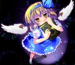  alice_margatroid alice_margatroid_(pc-98) angel_wings blonde_hair blue_hairband book flower from_above hairband maki_(seventh_heaven_maxion) red_flower red_rose rose short_hair skirt smile solo suspenders touhou touhou_(pc-98) wings yellow_eyes 