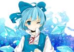  absurdres ahoge bad_id bad_pixiv_id blue_eyes blue_hair bow cirno hair_bow hanonin highres one_eye_closed short_hair solo touhou wince wings 