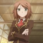  arms_crossed baka_to_test_to_shoukanjuu blush brown_hair cap crossed_arms green_eyes highres kinoshita_yuuko necktie school_uniform screencap tie 