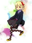  adapted_costume alternate_costume argyle argyle_legwear blonde_hair flats highres murani pantyhose red_eyes rumia shoe_dangle short_hair solo touhou 