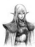  aritani_mahoro armor cape deedlit elf graphite_(medium) greyscale highres monochrome pointy_ears record_of_lodoss_war solo traditional_media 