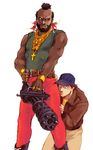  aka_bobo b.a._baracus brown_eyes brown_hair gatling_gun gun h.m._&quot;howling_mad&quot;_murdock hat highres m134_minigun mr_t multiple_boys short_hair the_a-team weapon 