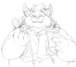  2019 anthro behemoth_(housamo) belly blush cute_fangs eyes_closed food horn male monster overweight overweight_male simple_background solo tobikara3 tokyo_afterschool_summoners video_games white_background 