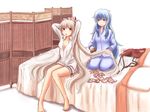  bad_id bad_pixiv_id barefoot bed bloomers blue_eyes bow comb combing dress_shirt fujiwara_no_mokou hair_bow kamishirasawa_keine kokotetsu long_hair multiple_girls no_hat no_headwear no_pants pajamas pants red_eyes ribbon shirt silver_hair sitting smile suspenders touhou underwear very_long_hair 