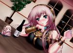  armband bare_shoulders blue_nails blush bottle breasts chibi drinking dutch_angle glass head_tilt headphones large_breasts long_hair megurine_luka nail_polish nohoho_(kakikonchi) open_mouth pink_hair solo takoluka vocaloid window wristband 