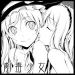  alice_margatroid black_border blood border breasts circle_cut close-up closed_eyes closed_mouth cuts face greyscale hairband hat injury ke-ta kirisame_marisa licking long_hair medium_breasts monochrome multiple_girls nude short_hair smile tears tongue topless touhou yuri 