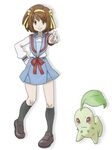  a-ka brown_eyes brown_hair chikorita crossover gen_2_pokemon hair_ribbon hairband kita_high_school_uniform parody pointing pokemon pokemon_(creature) pokemon_(game) pokemon_gsc ribbon school_uniform serafuku short_hair style_parody suzumiya_haruhi suzumiya_haruhi_no_yuuutsu trait_connection 