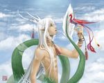  antlers bird cloud clouds dragon green_eyes lamia male male_focus monster monster_boy monster_guy naga outdoors silver_hair sky solo tail 