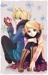  1girl blonde_hair boots brother_and_sister coat gift gloves hair_ornament hairclip highres holding holding_gift kagamine_len kagamine_rin pantyhose short_hair siblings sitting smile twins twintails vocaloid yamako_(state_of_children) 