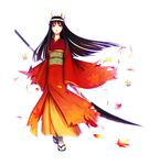  autumn_leaves bad_id bad_pixiv_id black_hair highres hinomoto_oniko horns japanese_clothes kimono leaf long_hair maple_leaf naginata original polearm red_eyes sandals seitsuji solo weapon 