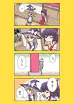  4koma alice_margatroid alice_margatroid_(pc-98) ascot bird black_hair blonde_hair bow brown_eyes brown_hair comic cup drinking eighth_note hair_ribbon hair_tubes hakurei_reimu hat hat_bow holding holding_cup kirisame_marisa mask mask_on_head multiple_girls musical_note one_eye_closed red_eyes ribbon shoebill sitting speech_bubble spoken_musical_note sweatdrop torii touhou touhou_(pc-98) translated urara_(ckt) wings witch_hat you're_doing_it_wrong 