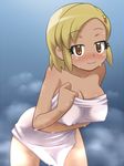  angol_mois awa blush breasts cleavage collarbone hair_ornament hairclip keroro_gunsou simple_background smile steam sweat towel wet yellow_eyes 
