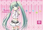  belt bridal_gauntlets garter_straps green_eyes green_hair hair_ribbon hatsune_miku kaiware-san long_hair midriff navel project_diva_(series) project_diva_2nd ribbon skirt smile solo thighhighs twintails very_long_hair vocaloid 