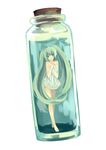  absurdres ahoge bad_id bad_pixiv_id bare_shoulders barefoot bottle green_eyes green_hair hatsune_miku highres in_bottle in_container kinoko0302 long_hair open_mouth simple_background solo twintails very_long_hair vocaloid 