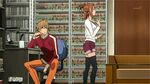  1girl animated animated_gif bakuman black_legwear blonde_hair bookshelf brown_hair chair chin_rest desk glasses kicking lowres miyoshi_kaya non-web_source office_chair screencap shorts takagi_akito thighhighs 