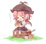  bad_id bad_pixiv_id bowl chibi chopsticks closed_eyes food happy hat holding holding_bowl holding_chopsticks mystia_lorelei noodles ramen short_hair sitting solo touhou translated wings yukimiya_(parupunta) 