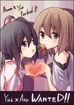  black_hair blush brown_eyes brown_hair cute food fruit hair_ornament hairclip heart hearts hirasawa_yui k-on! long_hair nakano_azusa open_mouth pajamas purple_eyes short_hair strawberry twintails yuri 