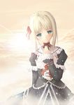  artoria_pendragon_(all) blonde_hair choker dress fate/stay_night fate_(series) frills hair_ribbon lens_flare lolita_fashion neck_ribbon ribbon saber solo spirtie sunset tears 