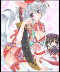  alternate_costume animal_ears breasts brown_eyes cleavage colored_pencil_(medium) hat himekaidou_hatate inubashiri_momiji marker_(medium) medium_breasts multiple_girls pekopokox red_eyes sheath sheathed shikishi side_slit silver_hair smile sword tail tokin_hat touhou traditional_media twintails weapon wolf_ears wolf_tail 