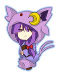  cat_tail chibi cosplay crescent_moon espeon espeon_(cosplay) gen_2_pokemon highres moon multiple_tails patchouli_knowledge pokemon pokemon_(creature) purple_eyes purple_hair solo tail touhou 