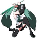  bad_id bad_pixiv_id blue_eyes detached_sleeves full_body green_hair hatsune_miku impossible_clothes impossible_shirt legs long_hair navel necktie nnnss panties shirt shoes simple_background skirt solo spring_onion striped striped_panties thighhighs twintails underwear very_long_hair vocaloid 