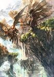  arrow bow_(weapon) cape cliff cloud day fantasy highres kopa monster mountain original sky water waterfall weapon wings 