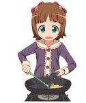  a1 amami_haruka bow brown_hair food frying_pan green_eyes hair_bow idolmaster idolmaster_(classic) open_mouth short_hair simple_background solo spatula 